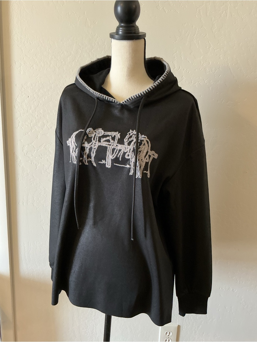 Black Leather Look Hoodie with Cream Western Graphic